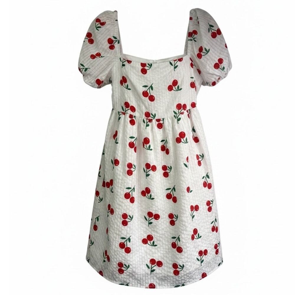 Pink Lily White Cherry Print Puff Sleeve Babydoll Mini Dress - Size XS - Picture 3 of 8